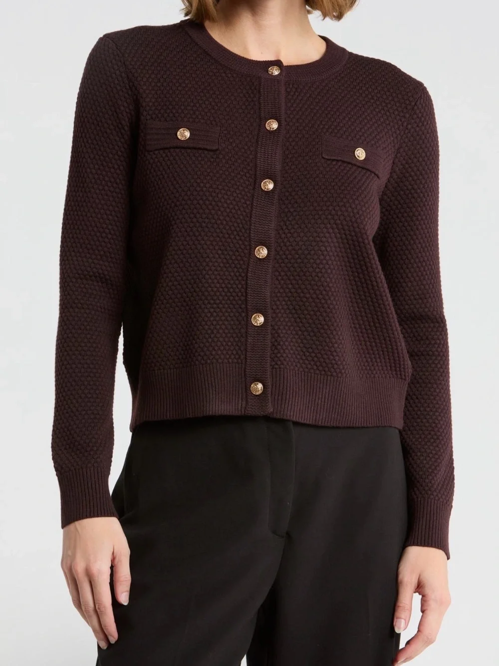 Adrianna Papell Chocolate Brown Textured Knit Button Cardigan